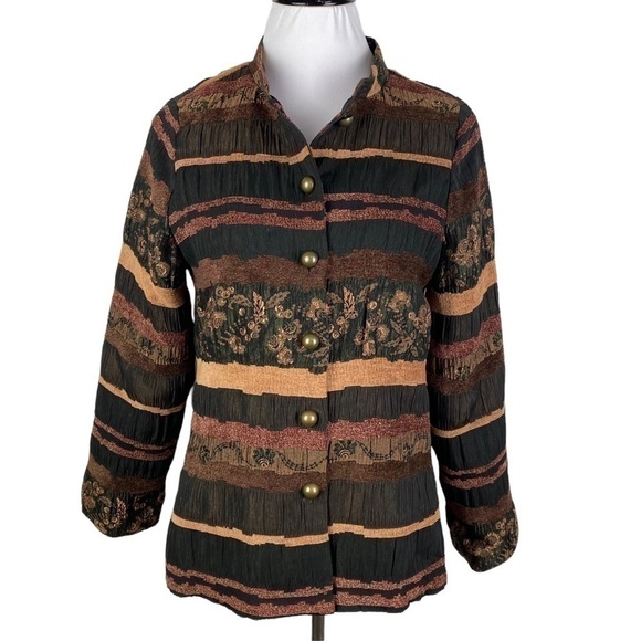 Mirasol Striped Floral Button Down Jacket Women's Medium Brown Black Lined - Picture 1 of 12